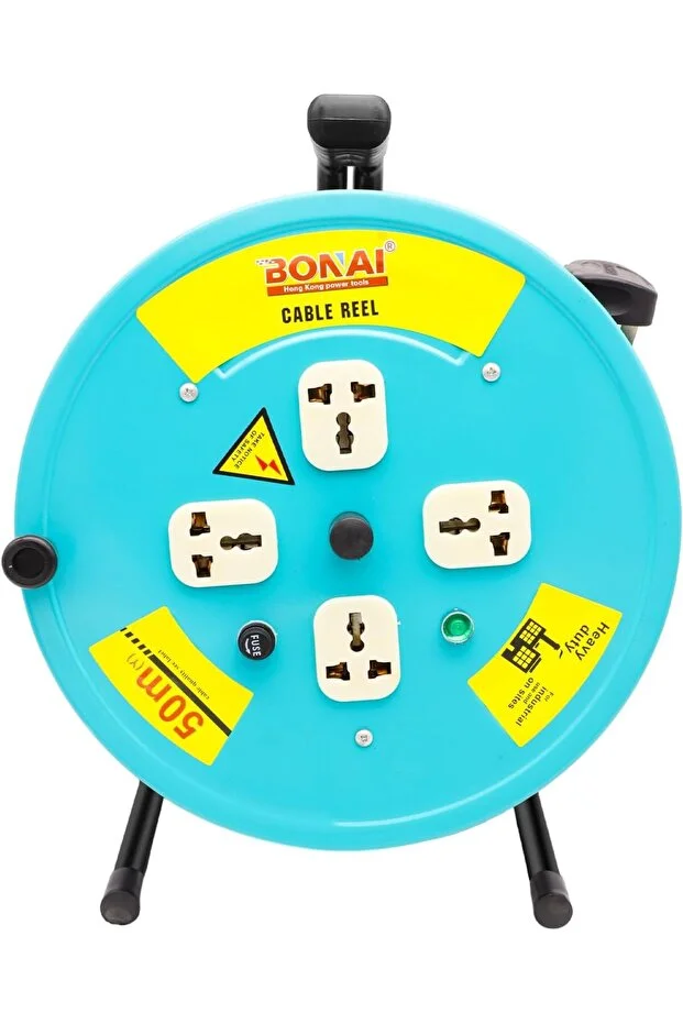 Bonai Open Cable Reel Extension 50m Lead with Winding Handle & Thermal Cut Out - Green Extension