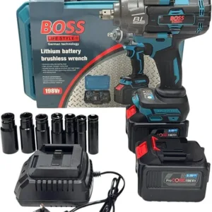 BOSS Lithium Battery Brushless Impact Wrench 198VF, Cordless with 2 Batteries, Charger and 7 Sockets