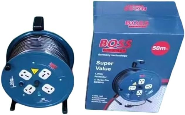 BOSS 7001 Electric Cable Reel, 50m, Heavy-Duty Multi-Plug, Thermal Safety Protection Cable Reel