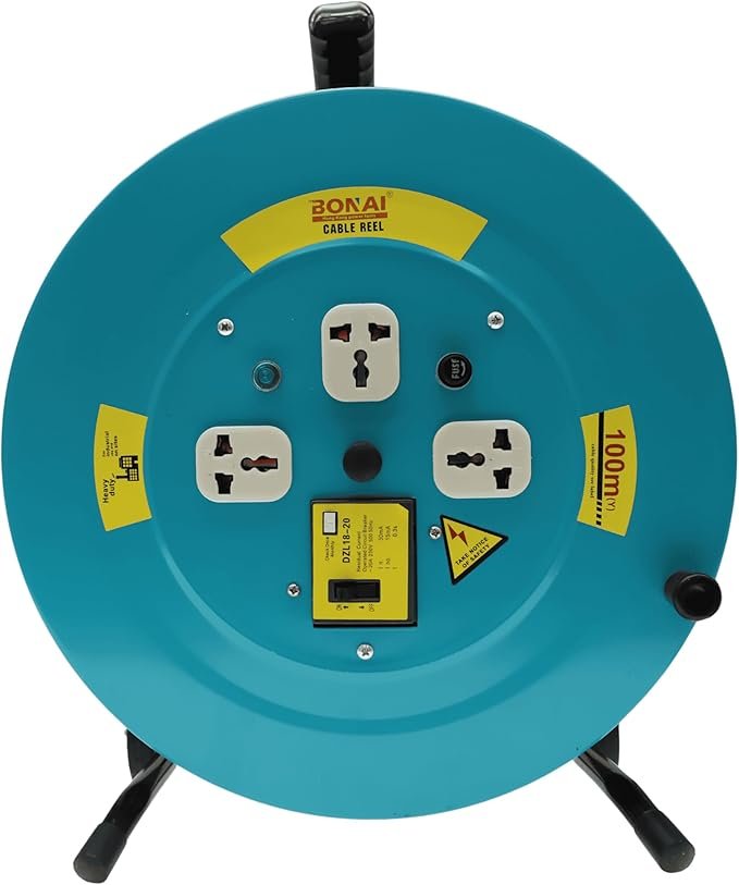 Bonai 100m Heavy-Duty Cable Reel - 3 Socket Power Extension Drum with Wheels Cable Reel