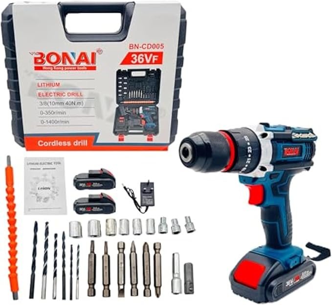 BONAI 36V Cordless Impact Drill Kit – Heavy-Duty Power Tool with Batteries & Accessories Cordless Impact
