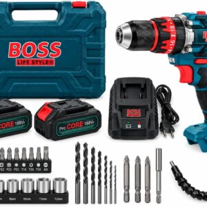 BOSS 188VF Cordless Brushless Impact Hammer Drill Kit – 3-in-1 Electric Screwdriver, Drill & Hammer Set with 60N.m Max Torque, 13mm Chuck, Pro-CORE Battery & Accessory Tool Case (Model: 063-18)