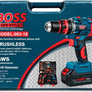 BOSS 188VF Cordless Brushless Impact Hammer Drill Kit – 3-in-1 Electric Screwdriver, Drill & Hammer Set with 60N.m Max Torque, 13mm Chuck, Pro-CORE Battery & Accessory Tool Case (Model: 063-18) 4 3 5